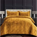Tribeca Living Oversized Velvet Quilt, 3-Piece Queen Bed Set, 260GSM Soft Quilted Velvet, Includes One Quilt & Two Shams, Gold