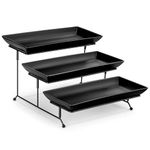 MALACASA 3 Tier Serving Platter, 14 Inch Porcelain Cake Stand with Black Mental Display Stand for Party Supplies, Ceramics Rectangular Serving Dishes for Dessert, Fruit, Cookies, Sushi, Black