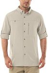 Outdoor Ventures Men's Long Sleeve Safari Shirt UV Protection Hiking Shirts Quick Drying Roll-Up Button Down Shirts with 3 Pockets for Walking Fishing Khaki M