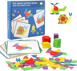 Misitti 155 PCS Wooden Pattern Blocks Set, 24 Double-Sided Design Cards(48 Patterns) Geometric Shape Puzzle Fun Tangram Montessori Learning Toys for Kids Ages 4-8