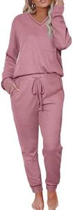 Becotal Womens Pajama Sets Waffle Knit 2 Piece Lounge Sets Sleepwear Loungewear Pjs Sets Long Sleeve V Neck Top and Pant Fall, Rose Gray, XX-Large