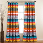 Lush Decor Boho Stripe Window Curtain Bohemian Geomatric Floral Design Panel Pair, 52" W x 95" L, Turquoise & Tangerine