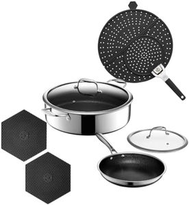 HexClad Hybrid Nonstick 7-Piece Cookware Set, Splatter Screen, 10" Pan with Lid, 7Qt Chicken Fryer with Lid, and 2 Silicone Trivets, Stay-Cool Handles, Dishwasher and Oven-Safe, Induction Ready, Compa