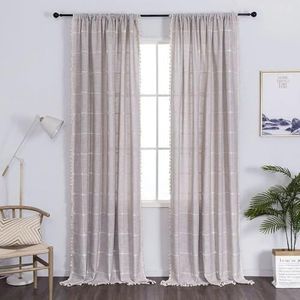 Amidoudou 1 Pair Cotton Linen Boho Curtains with Tassel, Farmhouse Curtains for Bedroom Living Room (Beige,2 x 54 x 84 Inch)