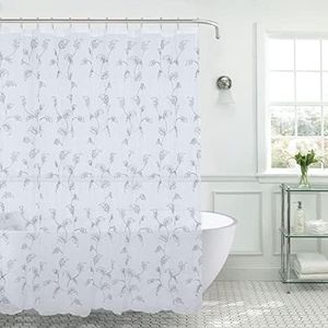 PREMIUS Layla Vine Leaf Sheer Voile Embroidery Shower Curtain & 12 Metal Roller Hooks Set, Wonderful Leaves Design, Lovely & Translucent Natural Look, 70x72 Inches (White-White-Silver)