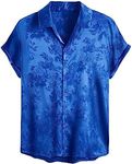 OYOANGLE Men's Satin Floral Print Button Down Front Lapel Collar Solid Short Sleeve Shirt Royal Blue Bright M