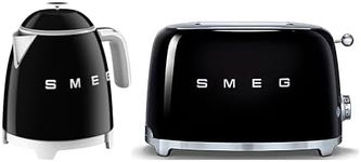 Smeg 50’s Style Retro Range Breakfast Set, 0.8L 1400W Mini Kettle and Multi-Functional Control 2-Slice 950W Toaster, Black, KLF05BLUK/ TSF01BLUK