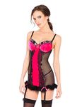 Coquette Women's Stretch Velvet and Fishnet Chemise with Faux Fir Hem, Fuchsia/Black, Small