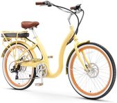 sixthreezero Electric Bike, 7 Speed Simple Step-Thru Beach Cruiser eBike Bicycle with Rear Rack, 500 Watt Motor, 26 Inch Wheels, Cream