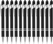 LINFANC 12 Pack Black Silver Ballpoint Pen with Stylus Tip, 1.0 mm Black Ink Smooth Writing Pens, Metal Stylus Pens for Touch Screens