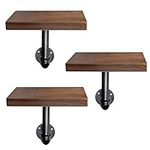 Navaris Industrial Pipe Shelf Set - 3 Small Wooden Shelves with Black Pipe Shelf Brackets - 15x20cm Wall-Mounted Wood Shelving - Size S, Dark Brown