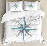 Ambesonne Compass Duvet Cover Set Queen Size, Antique Wind Rose Diagram for Cardinal Directions Axis of Earth Illustration, Decorative 3 Piece Bedding Set with 2 Pillow Shams, Teal and Dimgray