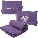 PAVILIA Soft Compact Travel Blanket and Pillow, Foldable Airplane Blanket in Bag, Lightweight Portable Flight Blanket Set with Luggage Strap, Camping Plane Car Home Office Gift Accessories, Purple