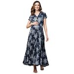 MomToBe Women's Maxi Rayon Maternity Dress/Pregnancy Dress/Easy Breastfeeding Dress/Western Dress with Zippers for Nursing Pre and Post Pregnancy (Oxford Blue, Large)