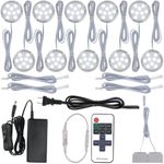 Meigour Hardwired Under Cabinet Lighting Kit, LED Under Counter Puck Lights, 120V Electric Wall Plug Adapter, Remote Control Dimmable, 10 Ways Octopus Junction Box, 10 Lights, Cool White