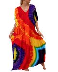 Bsubseach Colorful Beach Cover Up Loose Kaftan Dress Short Sleeve Swimsuit Coverup for Women Rainbow