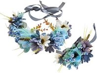 Brikuinr Floral Crown Headband Flower Garland Headband Hair Wreath Hair Garland Flower Halo Floral Headpiece Boho with Wristband Wedding Party Festival Blue