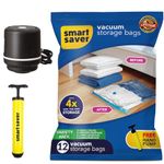 Smart Saver Polyamide Polyethylene Vacuum Compression Bags|Vacuum Storage Bags|Vacuum Bags For Travel|Space Saver Vacuum Bags(12Pack-3X(Jumbo,Large,Medium,Small)+Electric Pump),White