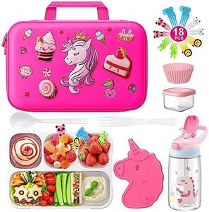 Unicorn Insulated Lunch Bag Set Bento Box for Kids, TIME4DEALS Bento-Style Leakproof 4 Compartments Container Water Bottle Ice Pack Muffin Cup Spoon Kid Toddler School Pink