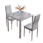 Jooli Glass Table and Chairs Set 2, 75cm Square Table with 2 Faux Leather High Back Chairs Modern Dining Room Sets for Home Kitchen Office, Grey