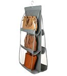 Kuber Industries Non-Woven Handbag Organizer 6 Pockets For Ladies|Non Woven Foldable Bag Organizer For Wardrobe|Transparent With Hanger (Grey)