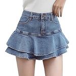 Women's A Line Flare Jean Mini Skirts Y2K Ruffle Hem Short Petite Pleated Denim Mini Skirt with Built in Shorts