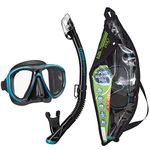 TUSA Sport Adult Powerview Black Series Mask and Dry Snorkel Combo, Black/Ocean Green (w/Reusable Bag)