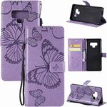 MEUPZZK Wallet Case for Samsung Galaxy Note 9, Embossed Butterfly Premium PU Leather [Folio Flip][Kickstand][Card Slots][Wrist Strap][6.4 inch] Phone Cover for Samsung Note 9 (B-Purple)
