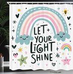 Ambesonne Cartoon Shower Curtain, Hand Drawn Look Rainbow Clouds and Stars with Happy Hopeful Phrase, Cloth Fabric Bathroom Decor Set with Hooks, 69" W x 70" L, Pale Teal Pink and Coral