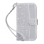 ULAK Wallet Case Compatible with iPhone 12/12 Pro Flip Case with Card Holder PU Leather+TPU Cover Stand Shockproof Protective Case Compatible with iPhone 12/iPhone 12 Pro 6.1 inch, Silver Glitter