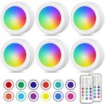 PURSNIC Wireless LED Puck Lights, 16 Colour Changing Under Cabinet Kitchen Lights with Remote Controls, Battery Powered Puck Lights with Timer, Brightness Adjustable Wall spot Lights Indoor, 6 Pack