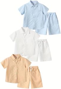 Fdqin Little Boy's 6 Piece Textured Outfit Short Sleeve Button Down Shirt Top and Shorts Set White/blue/Khaki 5-6 Years