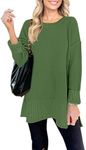 MEROKEETY Women's 2024 Fall Casual Crew Neck Side Split Pullover Sweater Loose Long Sleeve Jumper Top,DarkGreen,S