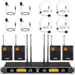 TONOR UHF Wireless Microphone System with Dual Headset/Lavalier Lapel Mics, Bodypack Transmitters, Rechargeable Receiver, 4x5 Channels, 90M Range, for Recording Speech PA Speaker Church Party Mixer