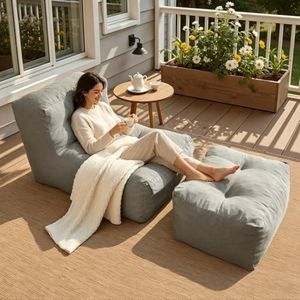 ORMONO Outdoor Indoor Bean Bag Lounger Chair with Ottoman, 2-in-1 Big Comfy Beanbag Chair with Filled for Adults, Waterproof Fabric Patio Chaise for Outside Balcony, Living Room, Bedroom Dark Gray