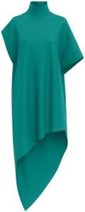 MRS MOMMA BEAR Stretch Performance Dress, Machine Washable Mock Neck Midi, Draped Asymmetrical Hem, Wide Sleeve, Women's, Willow | US Alpha, Medium - Poison Ivy