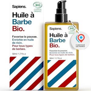 Sapiens Barbershop Huile Barbe Homme Bio 50ml - Huile de Ricin Barbe Fabriquée en France - Certifiée Cosmos Organic - Soin Barbe Homme - Hydrate et Favorise la Pousse Barbe - Castor Beard Oil