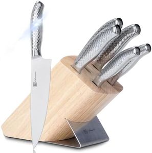 Kitchen Knife Set, Hanmaster One-Piece Stainless Steel Knife Sets for Kitchen with Block, 6 Pieces Solid Natural Wood Knife Block Set, Gift Box Packed, Silver.