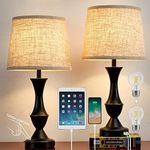 Kinsdan Table Lamps for Bedrooms, 2Pack Bedside Touch Lamp with Dual USB Charging Ports, Vintage 3 Way Dimmable Nightstand Lamps with Fabric Lampshade for Bedroom, Living Room (Bulb Included)