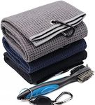 3 Pack Golf Towel,2 in 1 Tri-fold Golf Towel with Carabiner Clip,Microfiber Waffle Pattern Golf Towel(Navy Blue, Black and Gray) & Retractable Club Groove Cleaner Brush .Golf Towels Accessories