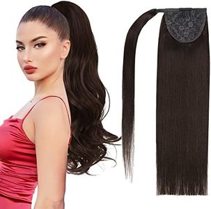 22" Human Hair Ponytail Wrap Around Clip in Ponytail Hair Extensions for Women Dark Brown(#2) 100g/3.5oz
