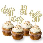 24 PCS Glitter 30th Birthday Cupcake Toppers for Celebrating Thirty Years Old Birthday Party Decorations for 30th Anniversary Party Supplies (Gold)