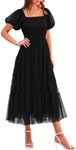 PRETTYGARDEN Women's Smocked Midi Tulle Dress 2025 Summer Puffy Short Sleeve Square Neck Ruffle Wedding Guest Party Dresses (Black,Medium)