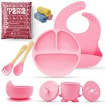 Mamarama 11 Piece Silicone Baby Feeding Set, Complete Mealtime Essentials, Includes Suction Bowl, Plate, Cup with Straw & Snack Lid, Fork, Spoon, Bib, and 3 Napkins for Babies and Toddlers (Pink)