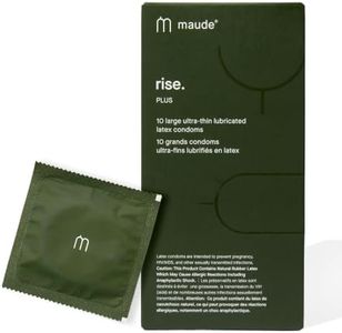 Maude Rise Plus - Ultra Thin Condoms - 100% Natural Latex Large Size, Made Without Harmful Chemicals and Tested for Safety - Vegan-Friendly, Spermicide-Free Lubricated Condoms (10 Count)