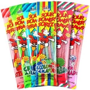 Sour Power Premium Assorted Candy Straws – The Original Sour Straws Candy Since 1985 – 1.75 oz (Pack of 6) – Vegan, Non-GMO, Gelatin Free – Soft, Chewy, Sweet & Tart Retro Treats