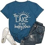 Fuyxxmer The Lake is My Happy Place T Shirt Women Lake Life Shirt Summer Vacation Short Sleeve Casual Tee Top Navy