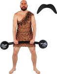 MENS STRONGMAN COSTUME CIRCUS STRONG MAN FANCY DRESS 1920'S 40'S STRONGMEN WEIGHT LIFTER LEOPARD PRINT TUNIC + MOUSTACHE + INFLATABLE DUMBELL (SMALL)