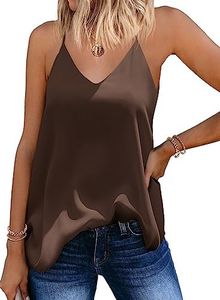 SUNAELIA Womens Summer Ladies Solid V Neck Strappy Tank Tops Loose Casual Sleeveless Cami Shirts Flowy Tank Blouses Brown Small