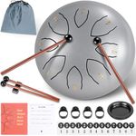 ITHWIU Steel Tongue Drum Hand Drum Percussion Instrument Tank Drum Set with Drumsticks, Drumstick stand, Carry Bag, Tutorial Book, Note stickers, Finger cot (Silvery, 6 Inch 8 Notes)